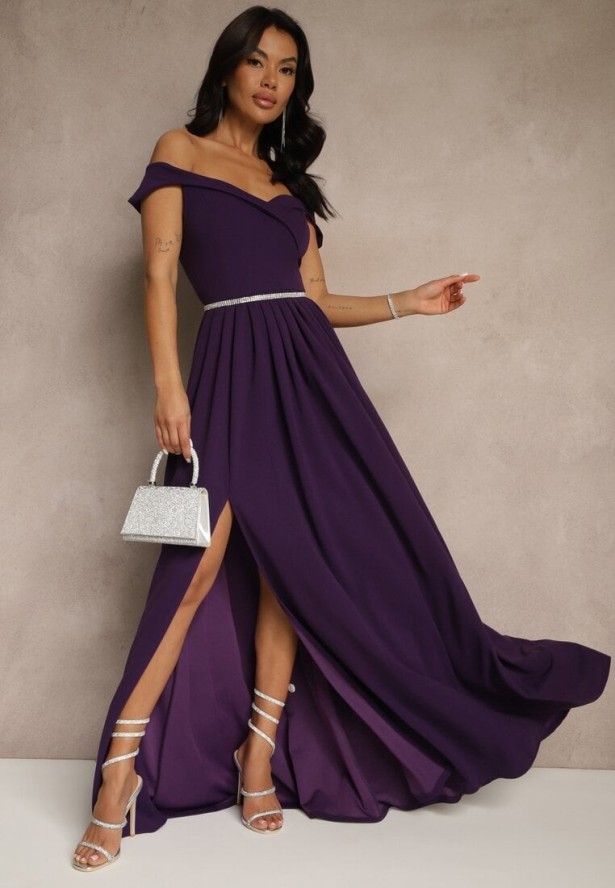 Fioletowa Elegancka Długa Sukienka Hiszpanka Wykończona Rozcięciem na Dole Idelia