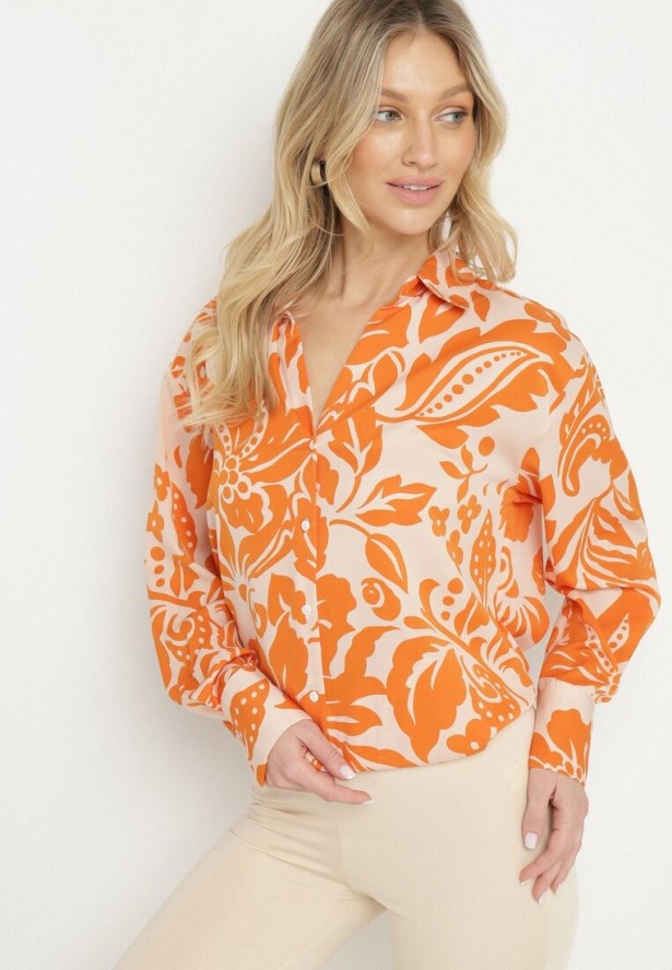 Pomarańczowa Koszula o Luźnym Fasonie w Kwiatowy Wzór Edala