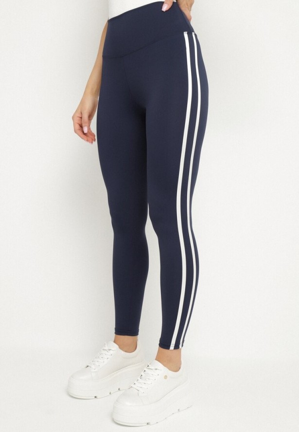 Granatowe Elastyczne Legginsy z Efektem Push-Up Ozdobione Lampasami Akeria