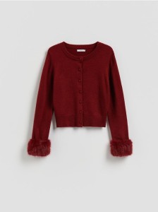 Kardigan z futrzanymi mankietami - karminowy