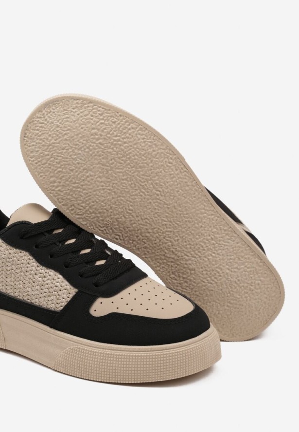 Beżowo-Czarne Sneakersy na Platformie Ozdobione Plecionką Perforacją i Brokatem Tulreia