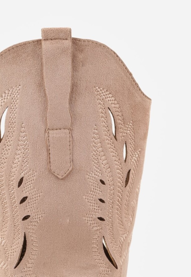 Ciemnobeżowe Ażurowe Botki Kowbojki VICES na Słupku Falenatea