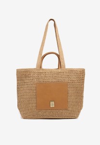Ciemnobeżowa Pleciona Torebka Shopper z Metaliczną Ozdobą Feleriona