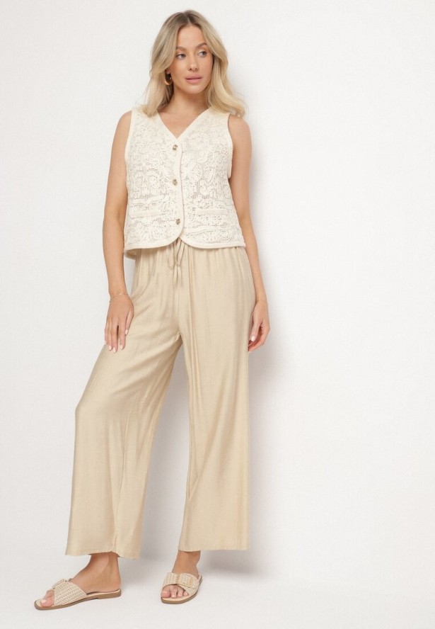 Beżowe Szerokie Spodnie z Wysokim Stanem Ozdobione Wiązaniem Teliriela