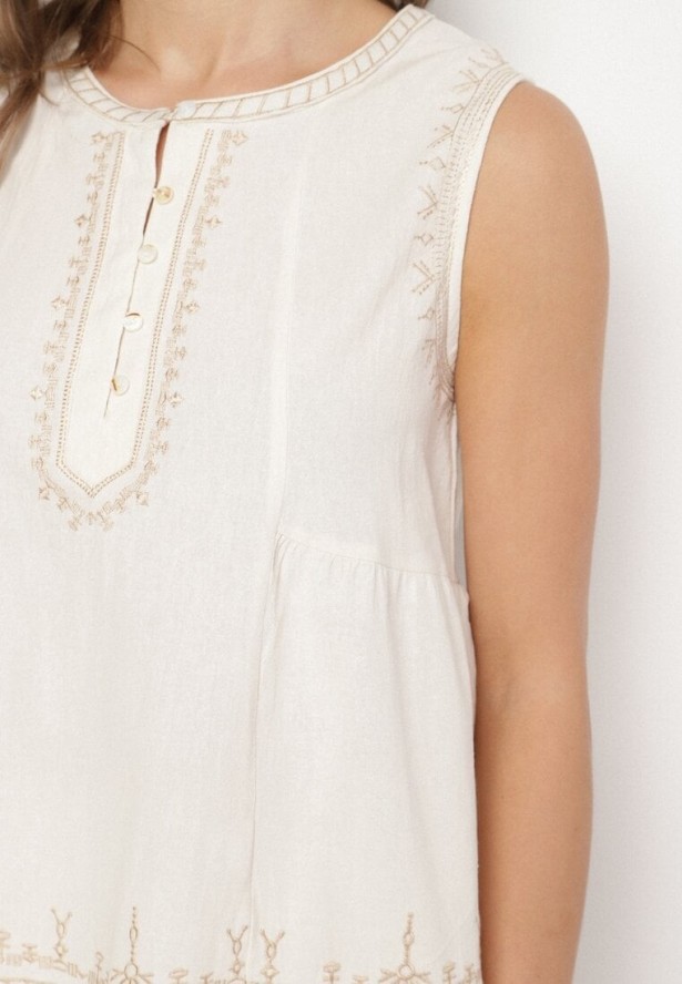 Jasnobeżowa Bawełniana Bluzka Bez Rękawów z Baskinką i Haftem Koritara