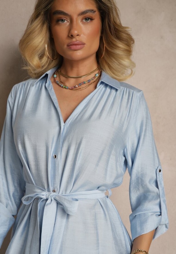 Niebieska Sukienka Koszulowa z Wiskozą Ozdobiona Paskiem Cleonira