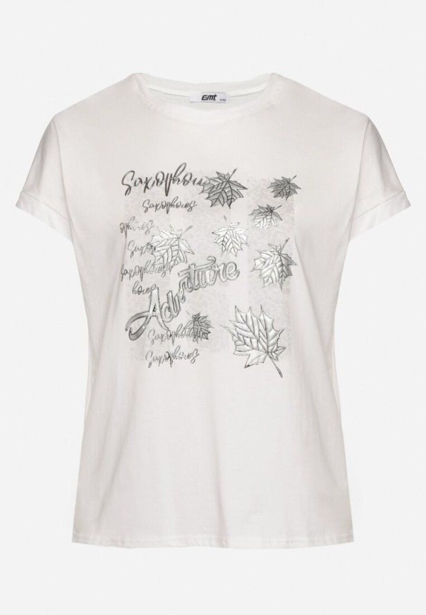 Biały T-shirt z Bawełny o Kroju Nietoperza z Metalicznym Nadrukiem Olisenia