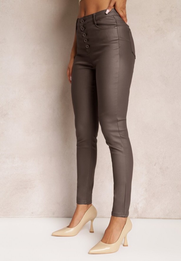 Brązowe Modelujące Spodnie z Ekoskóry o Fasonie Skinny Caetana