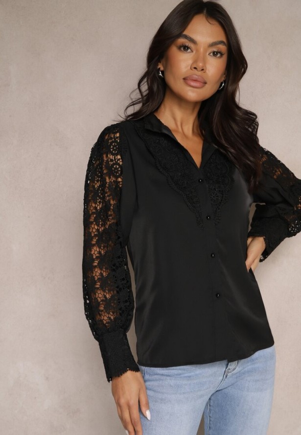 Czarna Koronkowa Koszula ze Stójką Sariviel