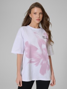 4F T-shirt loose z nadrukiem damski - biały M