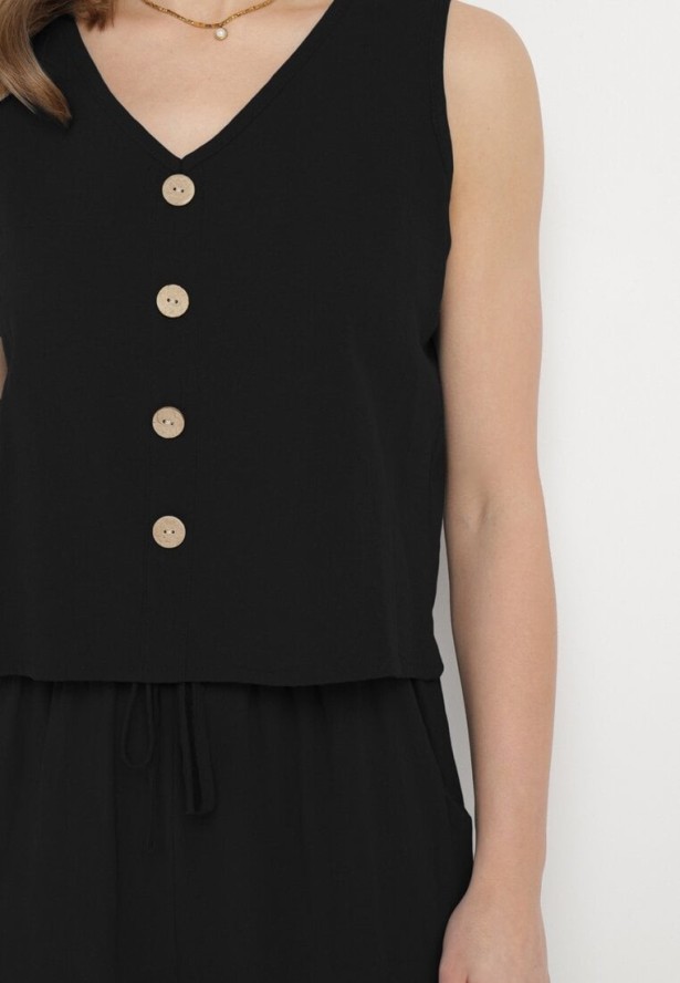 Czarny Komplet Bawełniany Koszulka bez Rękawów z Guzikami Spodnie z Gumką w Pasie Juliancella