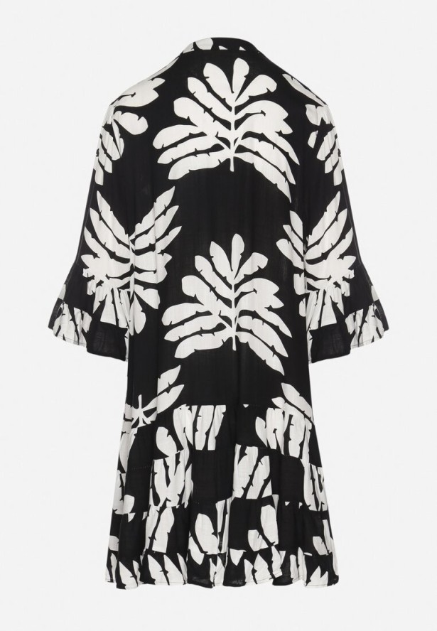 Czarna Wiskozowa Sukienka Koszulowa Ozdobiona Falbankami w Liście Edivonia