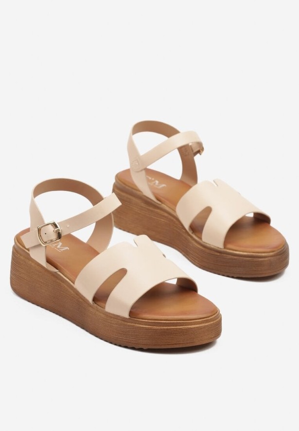 Beżowe Sandały na Koturnie z Geometryczną Cholewką Tasavira