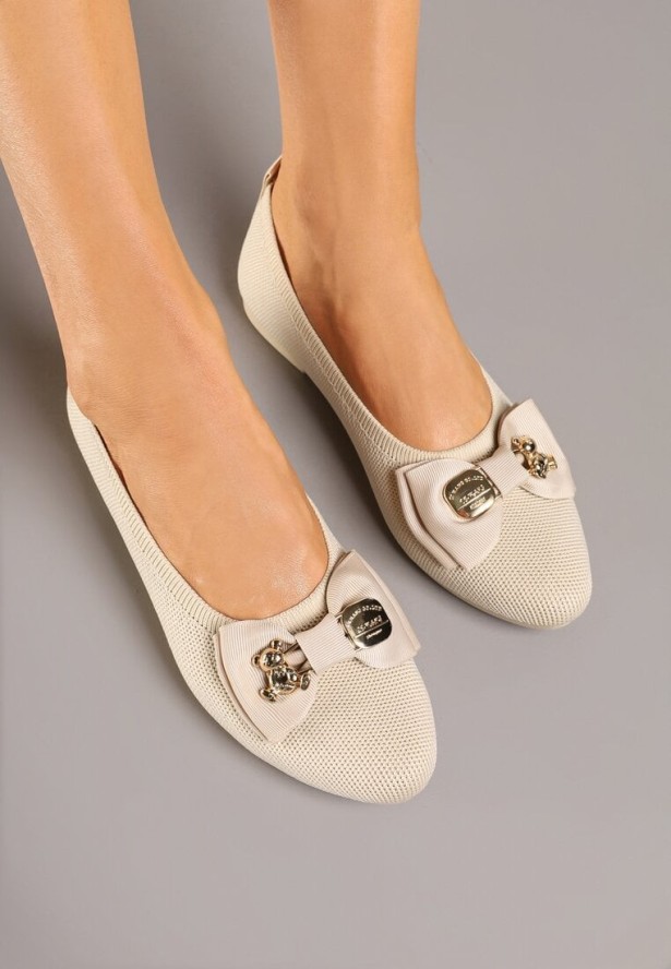 Beżowe Balerinki z Kokardą i Metalicznymi Ozdobami Litelline