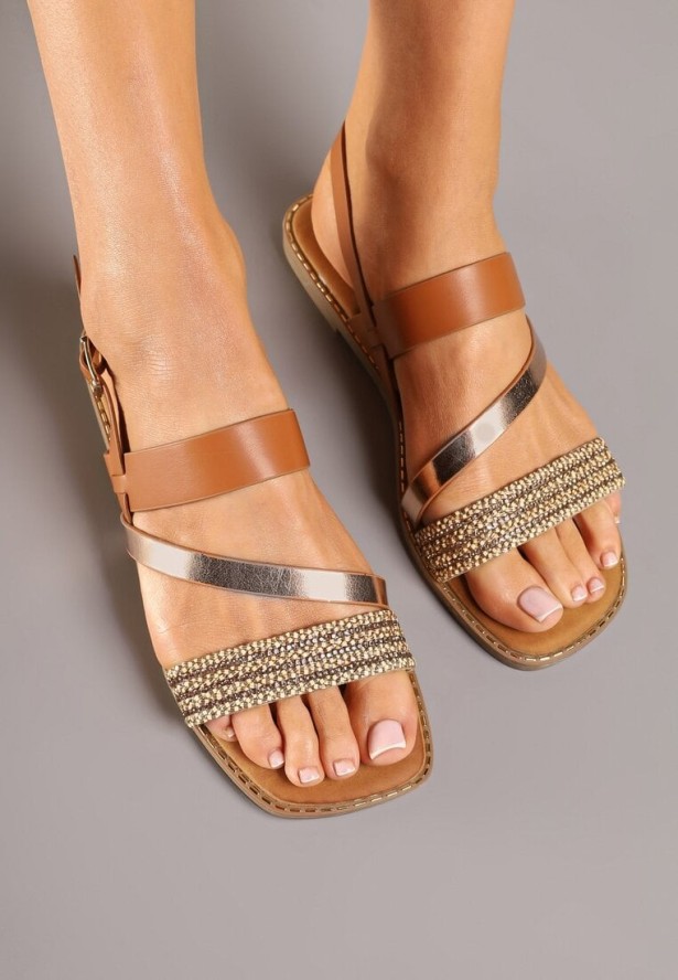 Brązowo-Złote Sandały Zdobione Metalicznym Paseczkiem i Cyrkoniami Nuridira