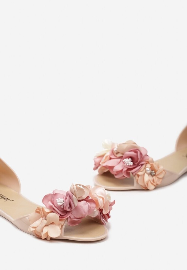 Beżowe Balerinki z Otwartym Noskiem Ozdobione Kwiatkami Entihe
