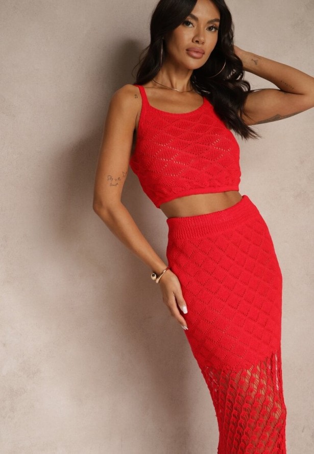 Czerwony Dzianinowy Komplet Top na Ramiączkach i Spódnica z Siateczkowej Tkaniny Tiarienne