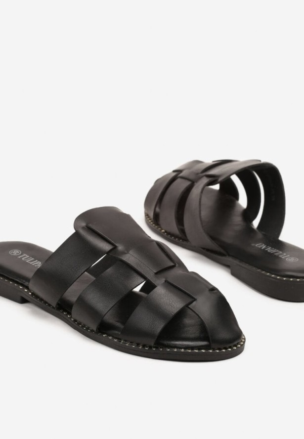 Czarne Klapki w Stylu Muli z Przeplataną Cholewką Zariette