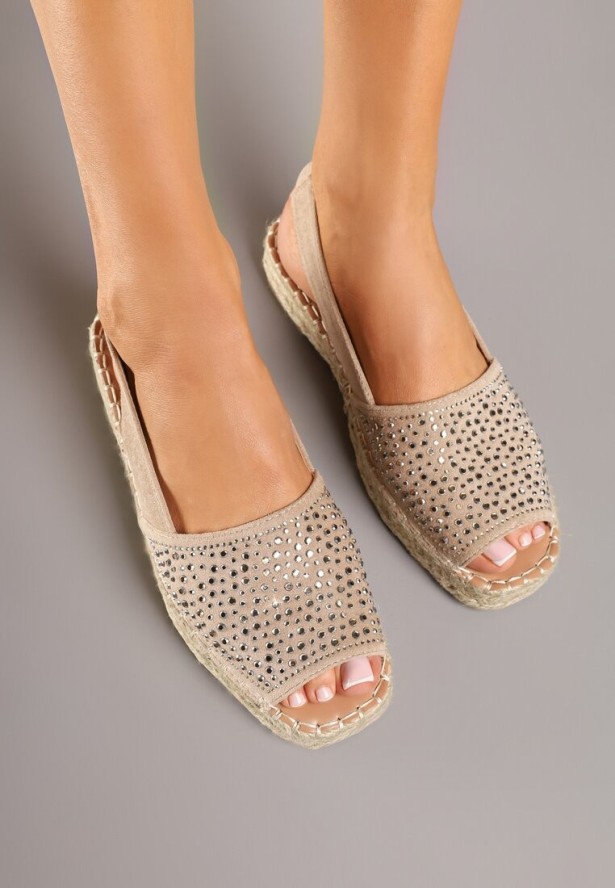 Ciemnobeżowe Sandały w Stylu Espadryli z Cyrkoniami na Podeszwie z Plecionki Neorwena