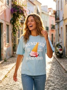 Bawełniana koszulka z nadrukiem - błękitny