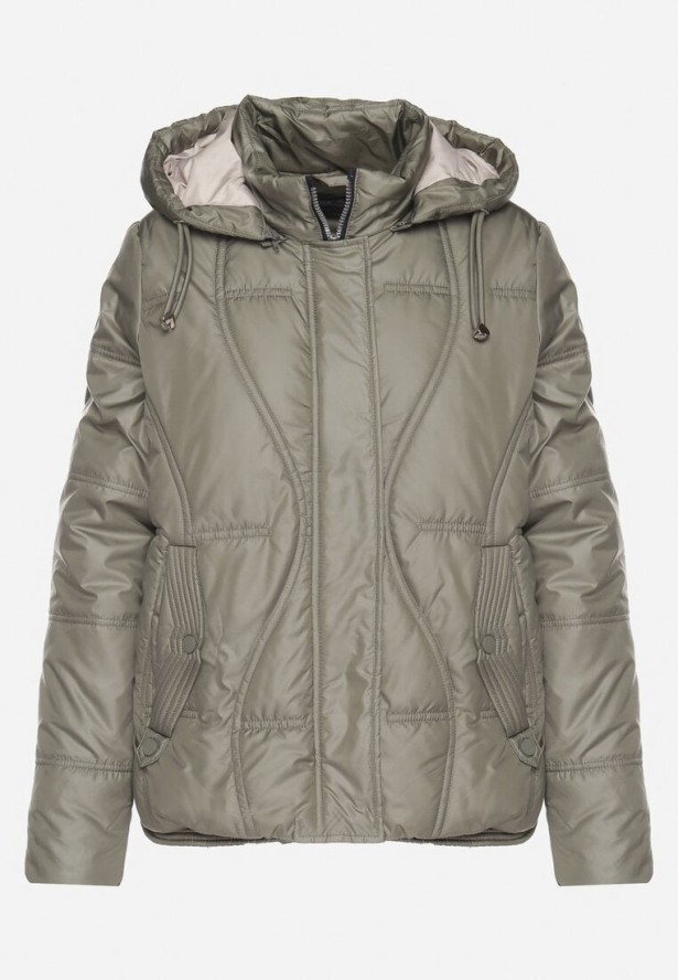 Zielona Kurtka Pikowana z Odpinanym Kapturem i Kieszeniami Ziolene