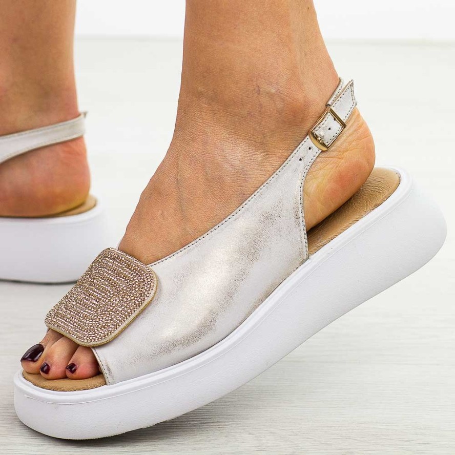 Złote prz. skórzane Polskie sandały damskie na platformie Deoni D107a