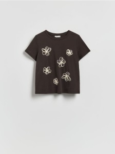 T-shirt z kwiatową aplikacją - ciemnobrązowy