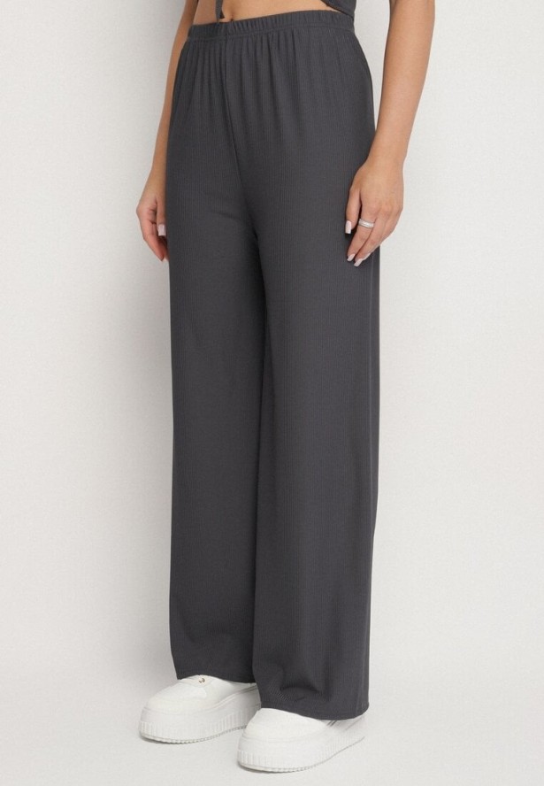 Ciemnoszary Komplet Top ze Ściągaczem Spodnie z Szerokimi Nogawkami i Gumką w Pasie Rolana