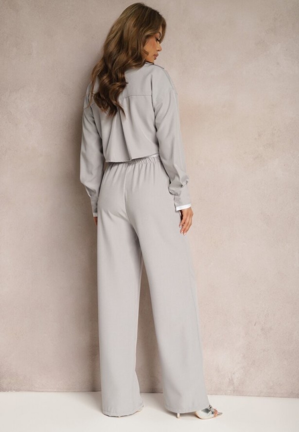 Szary Komplet Utility z Krótką Koszulą i Szerokimi Spodniami z Gumką w Talii Ondina