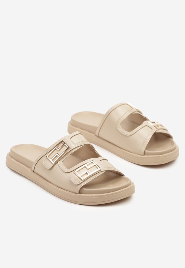 Beżowe Klapki z Geometryczną Metaliczną Ozdobą Helriz