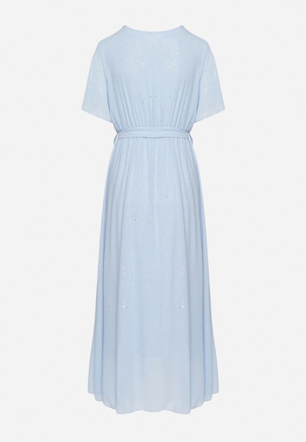 Niebieska Brokatowa Sukienka Koktajlowa Ozdobiona Paskiem Ziliane