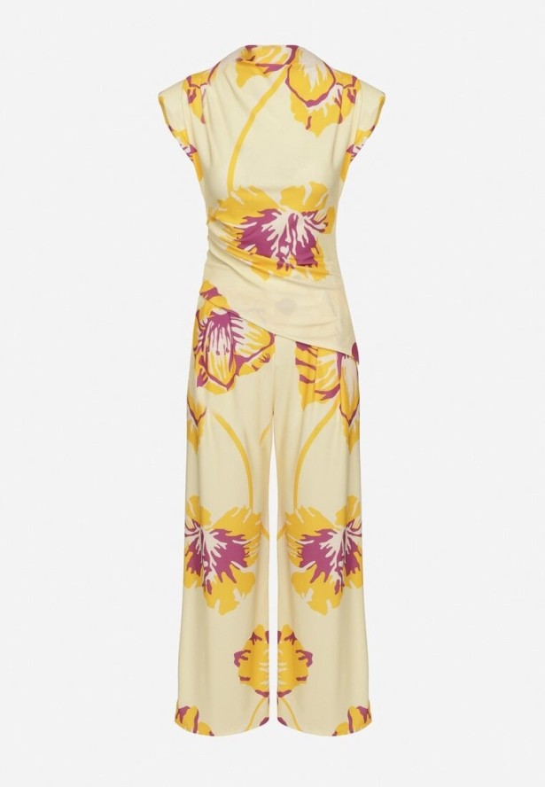 Żółty Komplet w Kwiaty Asymetryczna Bluzka z Marszczeniem i Szerokie Spodnie Linamia