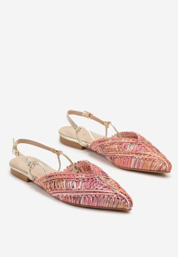 Różowo-Pomarańczowe Sandały Typu Slingback z Metaliczną Nicią i Plecioną Cholewką Nilavalia