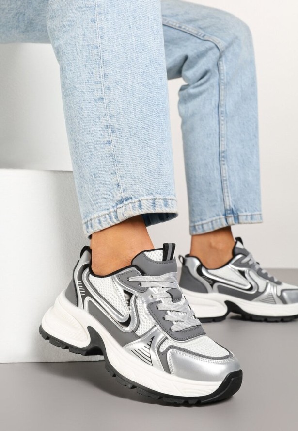 Biało-Srebrne Sneakersy na Profilowanej Podeszwie z Siateczkowymi Wstawkami Parinella