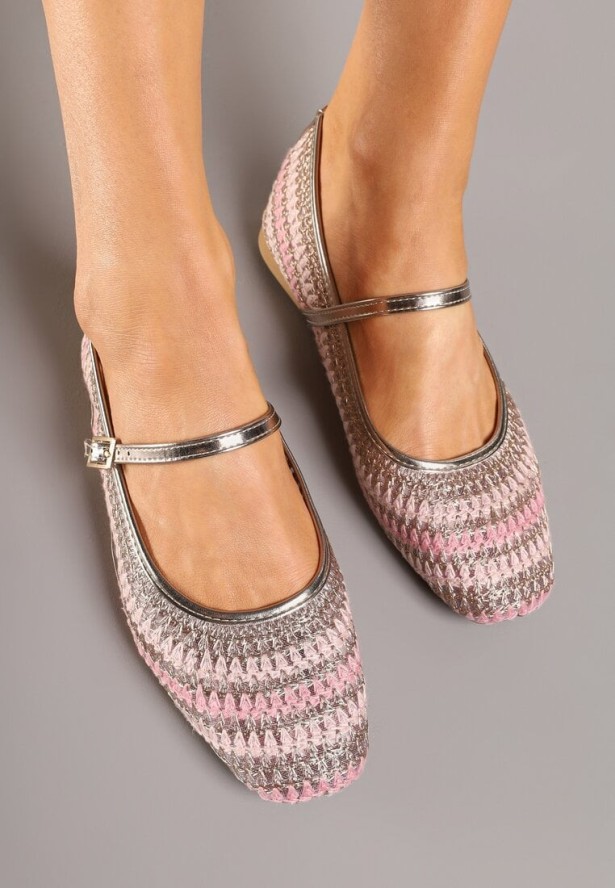 Różowo-Złote Balerinki w Stylu Mary Jane z Metaliczną Nicią Ilisalla