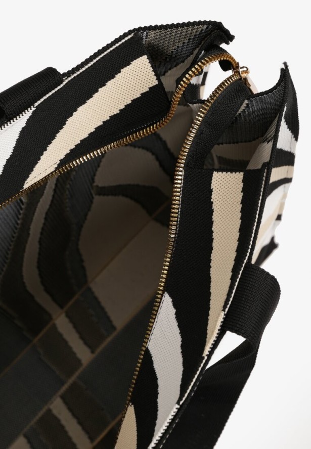 Beżowa Torebka Shopper z Suwakiem w Abstrakcyjny Print Salidrea