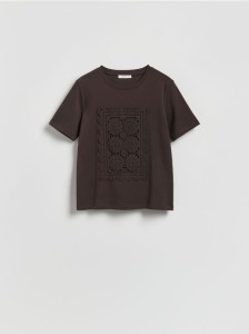 T-shirt z haftem - ciemnobrązowy