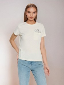 Bawełniana koszulka z haftem - kremowy