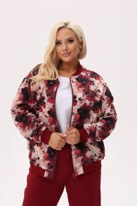 Kurtka bomberka Bordowy Hibiskus we wzór dużych kwiatów hibiskusa w odcieniach bordo i kremu z bordowymi ściągaczami PLUS SIZE XXL OVERSIZE JESIEŃ