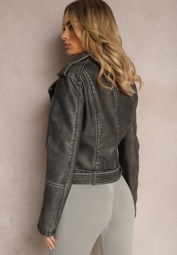 Szara Kurtka Ramoneska z Paskiem ze Sprzączką na Dole i Asymetrycznym Zapięciem Lysa