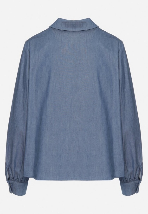 Niebieska Bawełniana Koszula w Rustykalnym Stylu z Koronką i Falbankami Lisalina