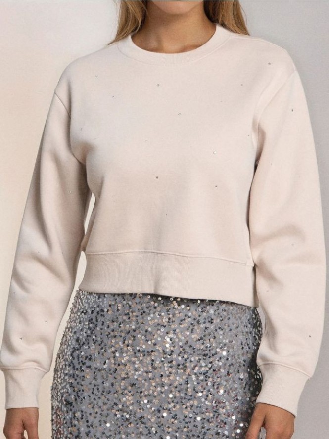 Krótka bluza crewneck z cyrkoniami - beżowy