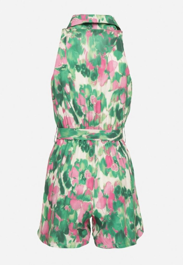 Ciemnozielony Wiskozowy Kombinezon o Koszulowym Kroju Bez Rękawów z Paskiem Tolivia