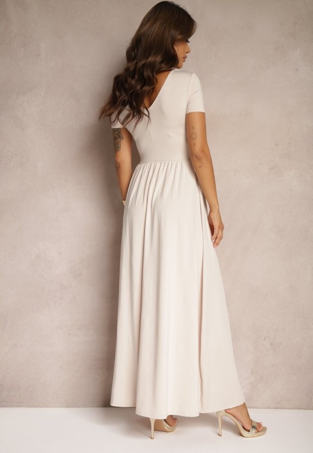 Jasnobeżowa Sukienka Maxi z Rozkloszowanym Dołem i Rozcięciem Zarya