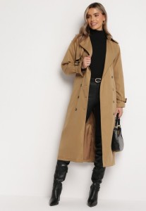 Jasnobrązowy Długi Płaszcz Trencz Dwurzędowy z Paskiem w Talii Cadenite
