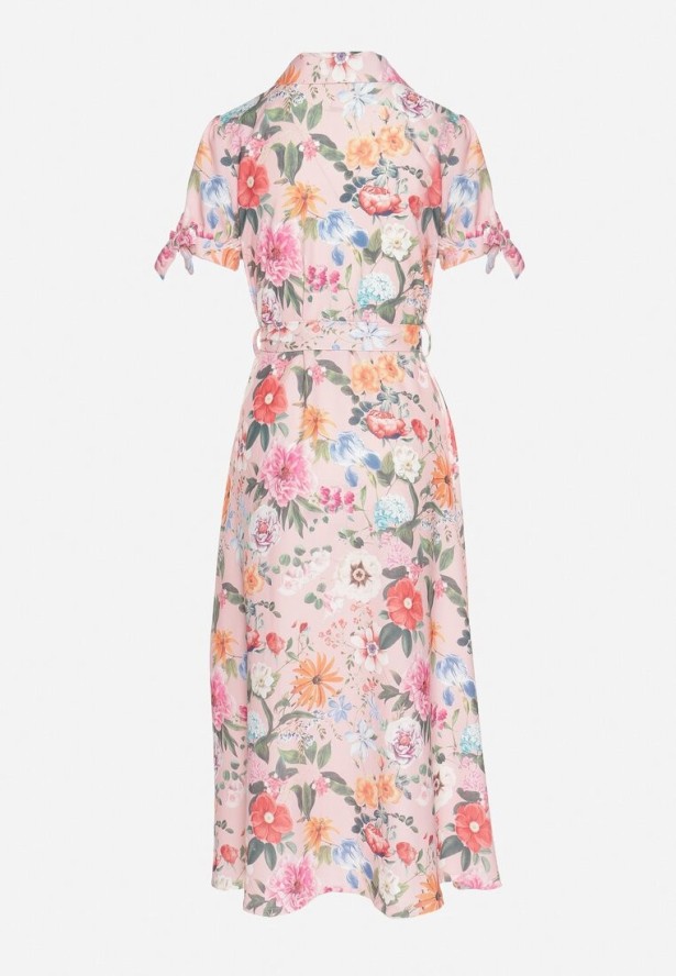 Różowa Rozkloszowana Sukienka o Koszulowym Kroju z Paskiem w Kwiatowy Wzór Fevelorine