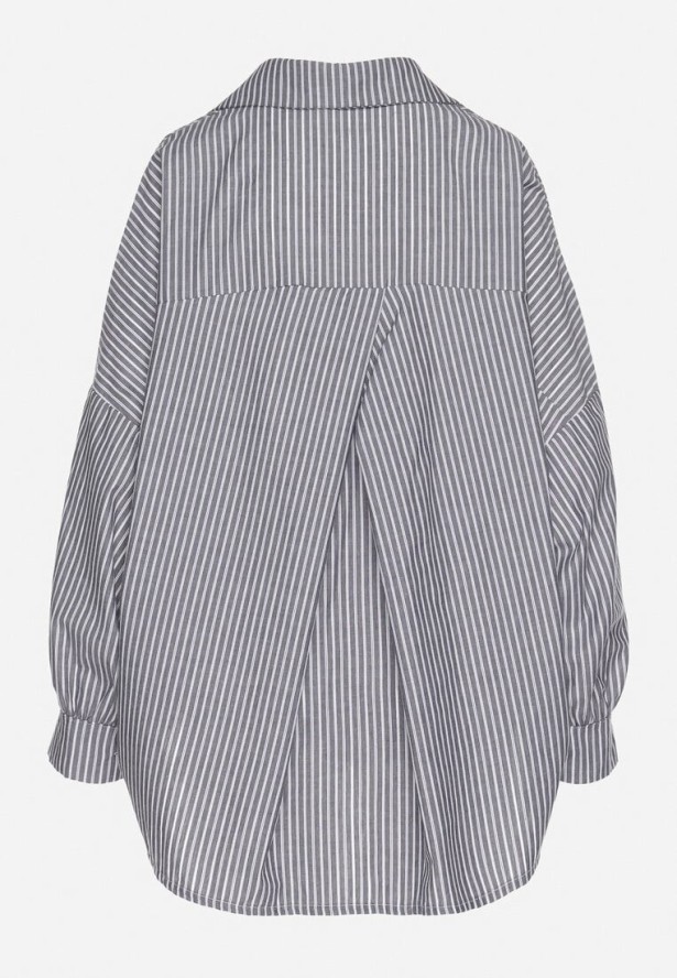 Ciemnoszara Bawełniana Koszula Oversize w Paski ze Ściągaczem Elineola