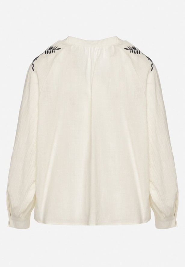 Beżowo-Granatowa Bluzka z Wiskozy z Ozdobnym Haftem Erinova