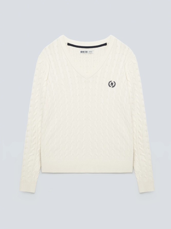 Sweter damski ze splotem warkoczowym z dekoltem v-neck kremowy Nisa 100