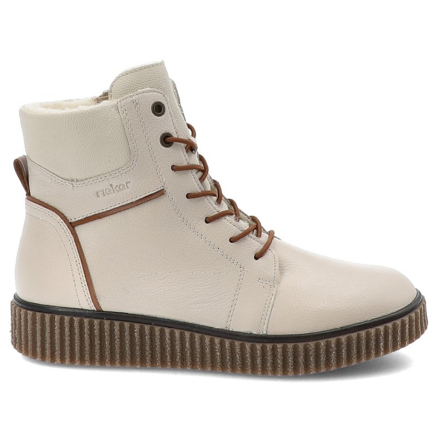 Trzewiki damskie Rieker, skórzane licowe na grubej podeszwie zapinane na zamek i ocieplane, białe, Y4303-80